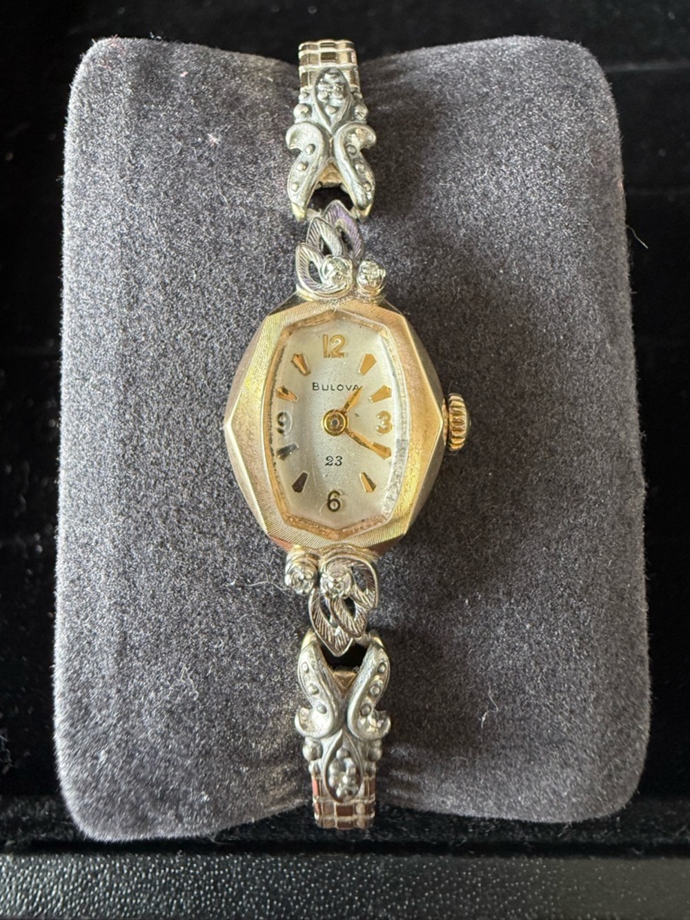 Bulova Ladies Gold and Silver Floral Bracelet Watch with 6 diamonds